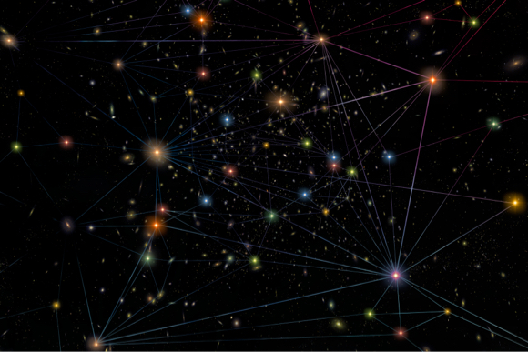 A map showing lines between a map of galaxies, shown as colored points across a dark sky