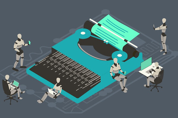 Robots around a larger-than-life-size typewriter.