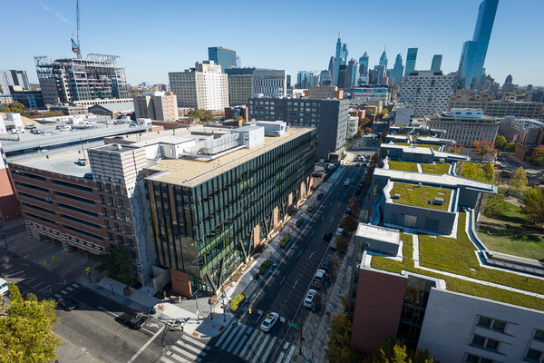 Campus sky view along Chestnut Street featuring Amy Gutmann Hall and skyline.