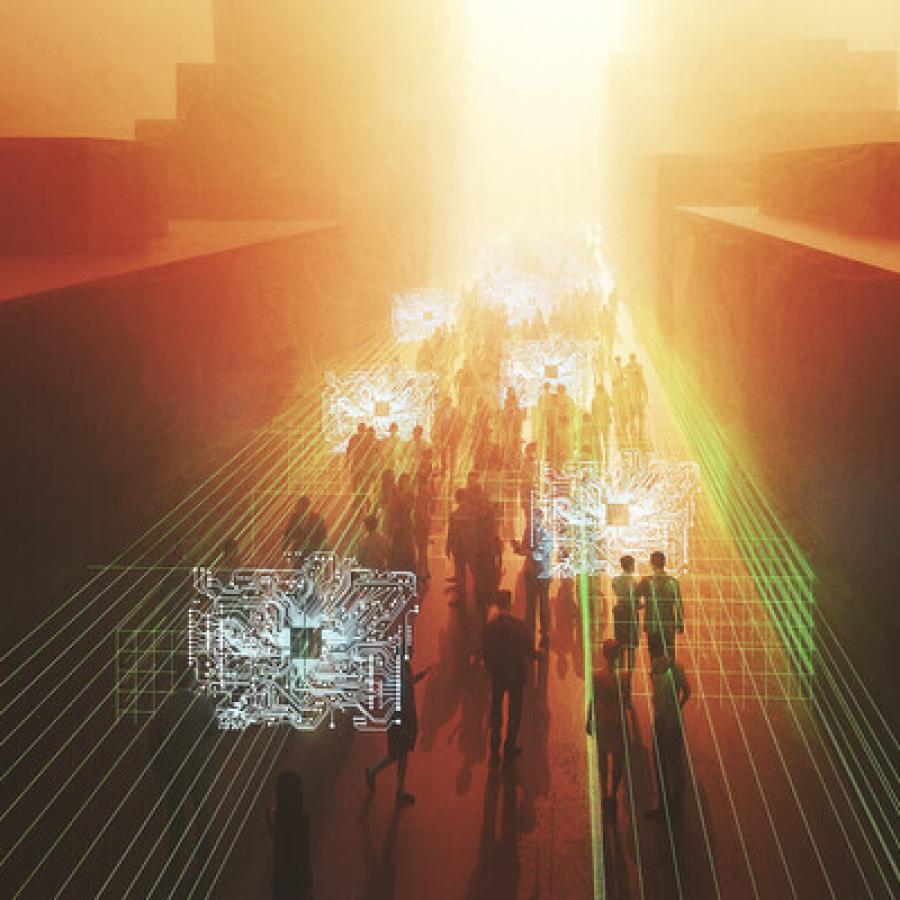 People walking in a city scape with digital data atmospherically surrounding them.