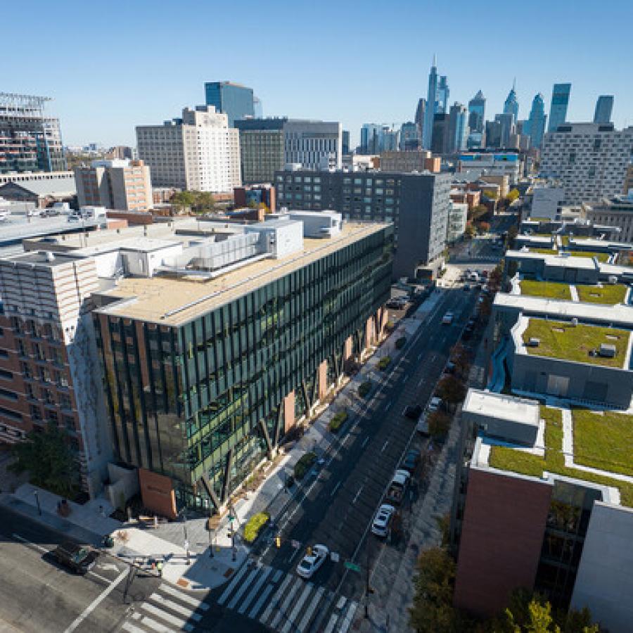Campus sky view along Chestnut Street featuring Amy Gutmann Hall and skyline.